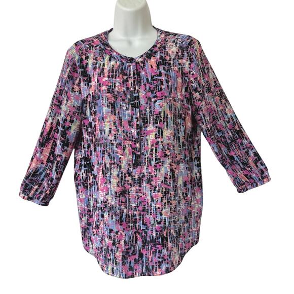 NYDJ 3/4 Sleeve Printed Pintucked Back Blouse Multicolor Stained Glass Print Med - Picture 2 of 10